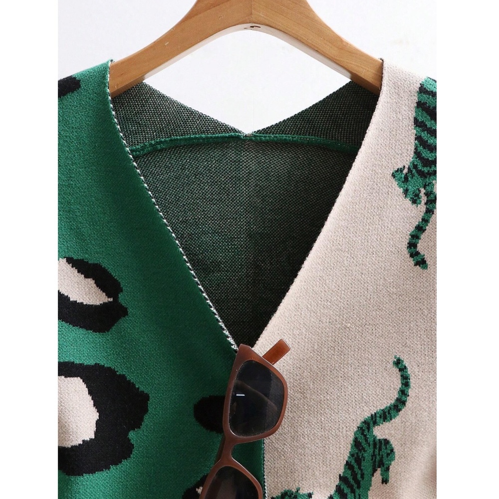 Green Beige Animal Print Button Down V-Neck Knit Cardigan - Picture 3 of 8